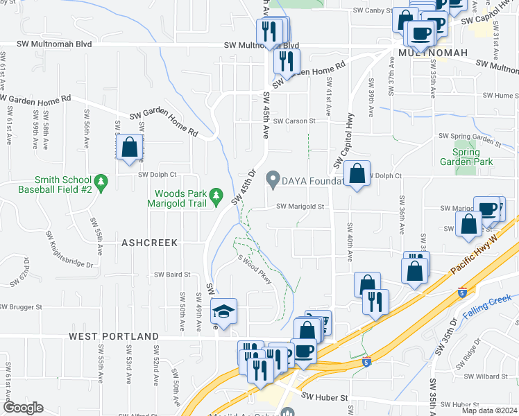 map of restaurants, bars, coffee shops, grocery stores, and more near 4537 Southwest Marigold Street in Portland