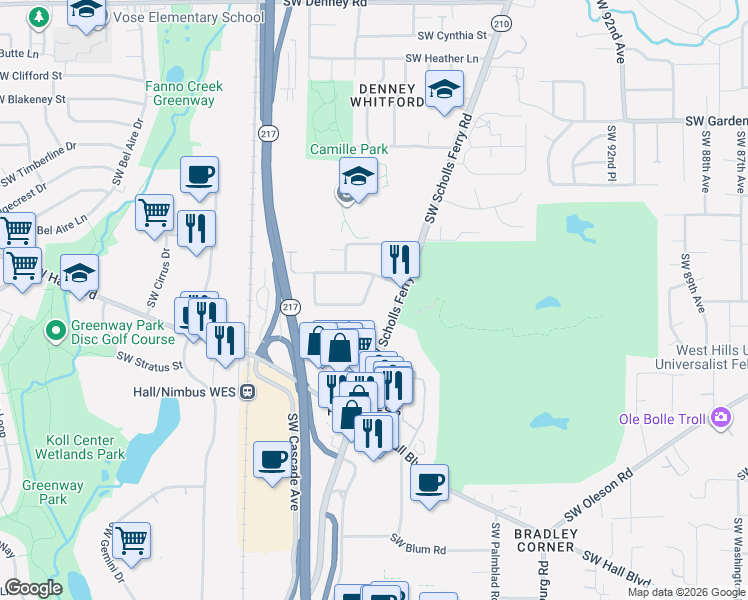 map of restaurants, bars, coffee shops, grocery stores, and more near 8235 Southwest Scholls Ferry Road in Beaverton