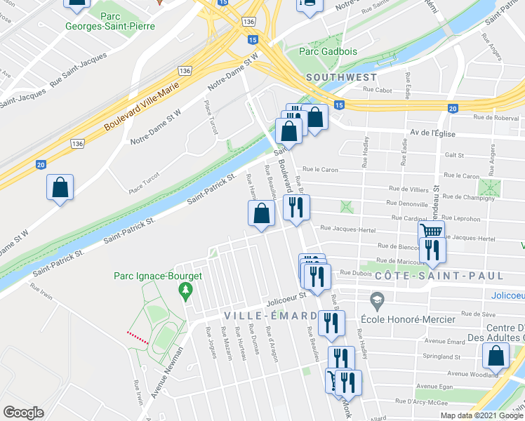 map of restaurants, bars, coffee shops, grocery stores, and more near 5766 Rue Hamilton in Montréal