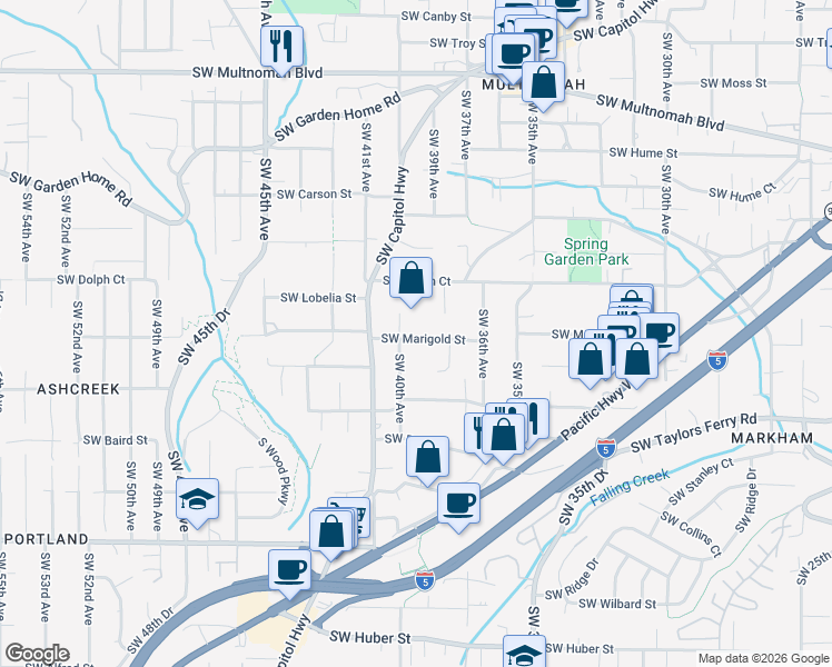 map of restaurants, bars, coffee shops, grocery stores, and more near 3923 Southwest Marigold Street in Portland