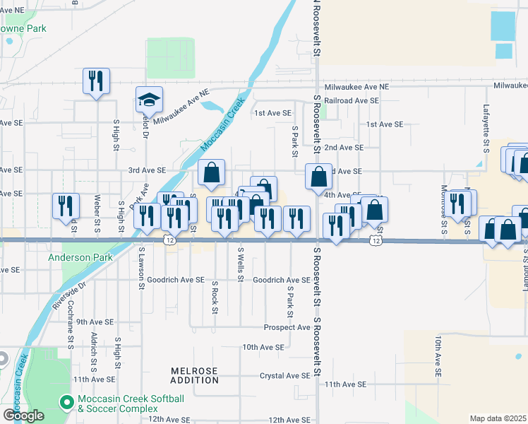 map of restaurants, bars, coffee shops, grocery stores, and more near 2201 6th Avenue Southeast in Aberdeen