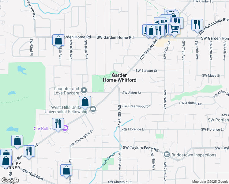 map of restaurants, bars, coffee shops, grocery stores, and more near 8220 Southwest Oleson Road in Portland