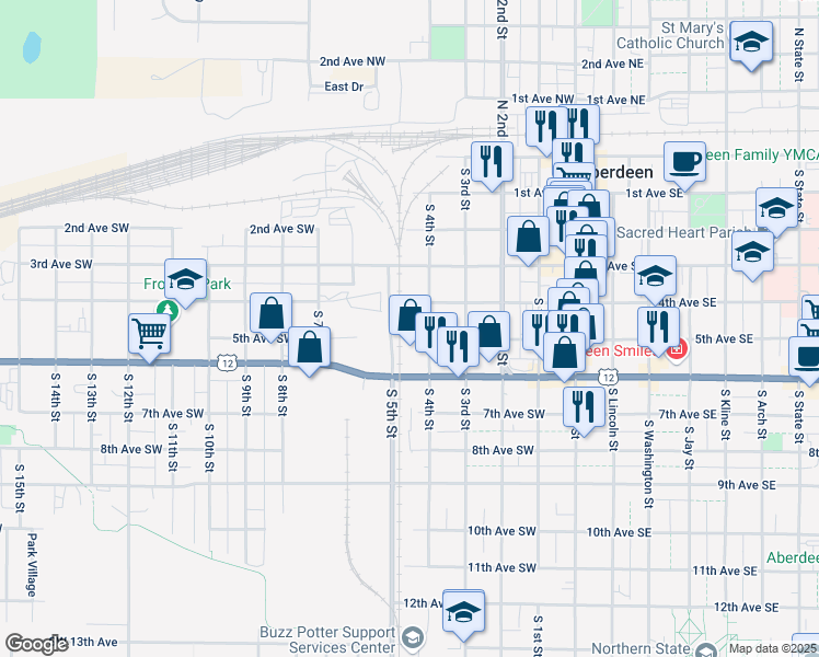 map of restaurants, bars, coffee shops, grocery stores, and more near 412 5th Avenue Southwest in Aberdeen