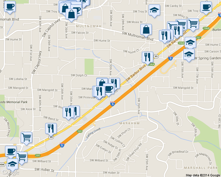 map of restaurants, bars, coffee shops, grocery stores, and more near 8956 Southwest 30th Avenue in Portland