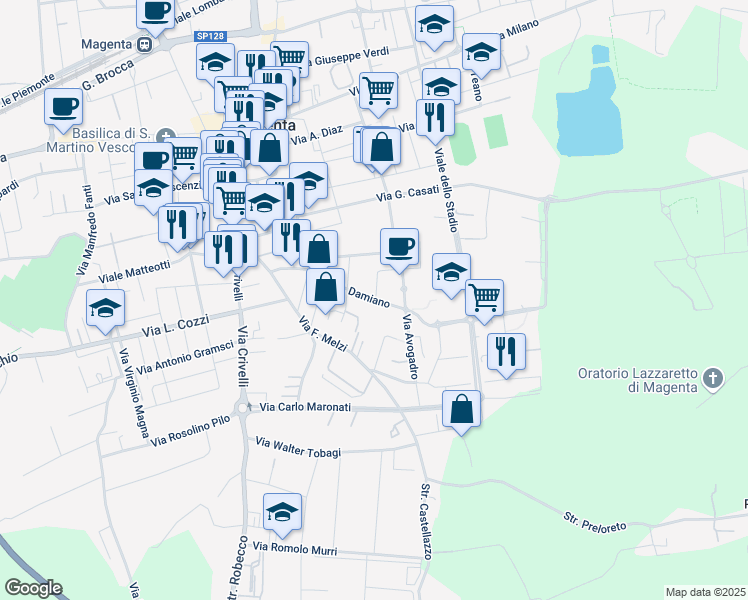 map of restaurants, bars, coffee shops, grocery stores, and more near Via Tiziano Vecellio in Magenta