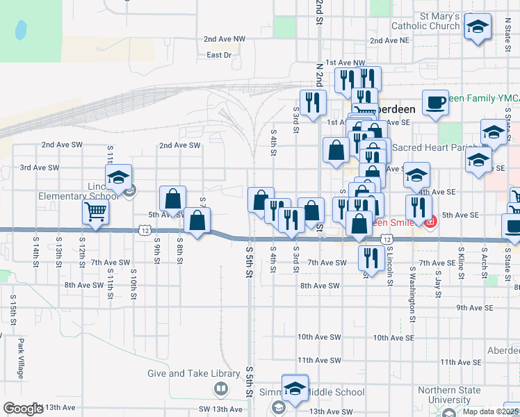 map of restaurants, bars, coffee shops, grocery stores, and more near 412 5th Avenue Southwest in Aberdeen