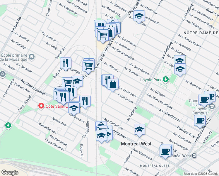 map of restaurants, bars, coffee shops, grocery stores, and more near 5311 Avenue Patricia in Montréal