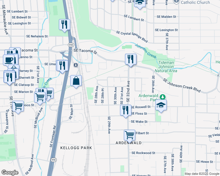 map of restaurants, bars, coffee shops, grocery stores, and more near 2912 Southeast Van Waters Street in Milwaukie