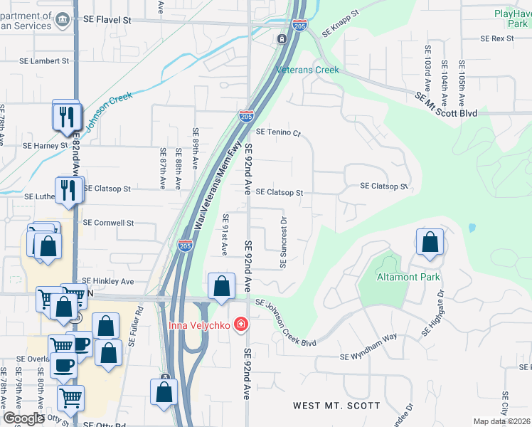 map of restaurants, bars, coffee shops, grocery stores, and more near 9212 Southeast Suncrest Drive in Happy Valley