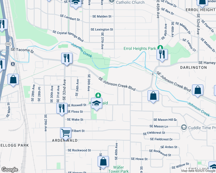 map of restaurants, bars, coffee shops, grocery stores, and more near 3738 Southeast Johnson Creek Boulevard in Milwaukie