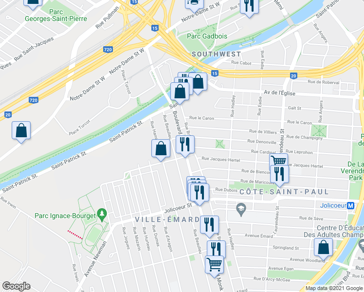 map of restaurants, bars, coffee shops, grocery stores, and more near 5787 Boulevard Monk in Montréal