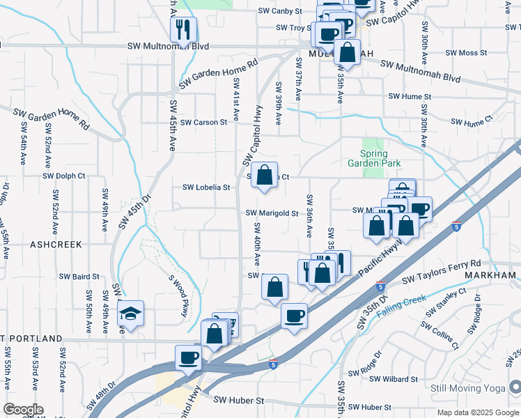 map of restaurants, bars, coffee shops, grocery stores, and more near 3945 Southwest Marigold Street in Portland