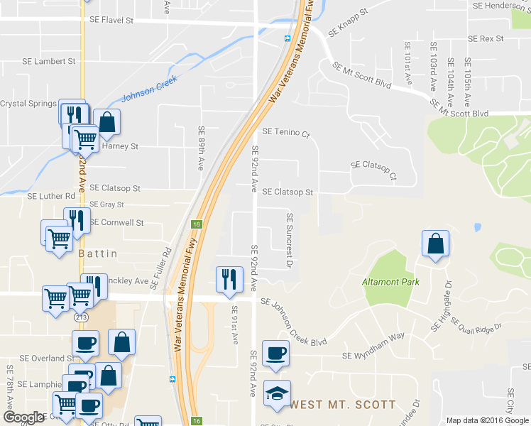 map of restaurants, bars, coffee shops, grocery stores, and more near 9212 Southeast Suncrest Drive in Happy Valley