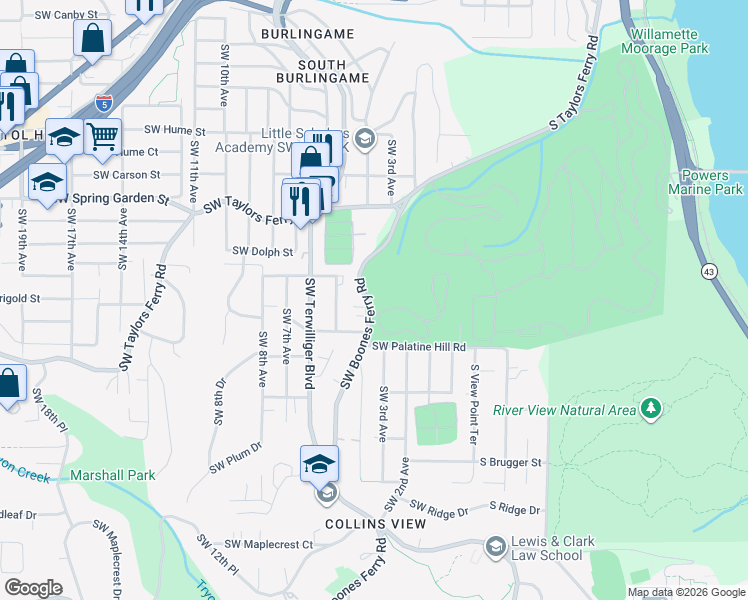 map of restaurants, bars, coffee shops, grocery stores, and more near 8950 Southwest Boones Ferry Road in Portland