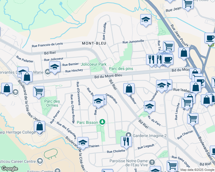 map of restaurants, bars, coffee shops, grocery stores, and more near Rue Jolicoeur in Gatineau