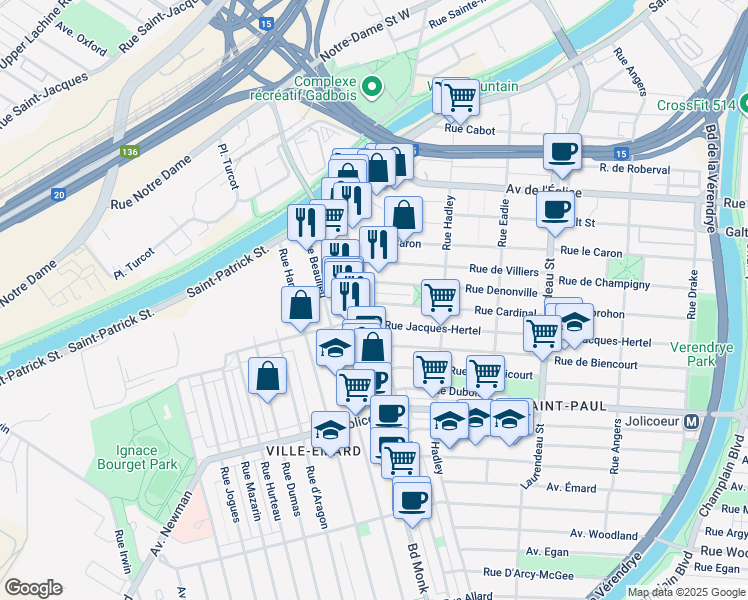 map of restaurants, bars, coffee shops, grocery stores, and more near 2285 Rue Cardinal in Montréal