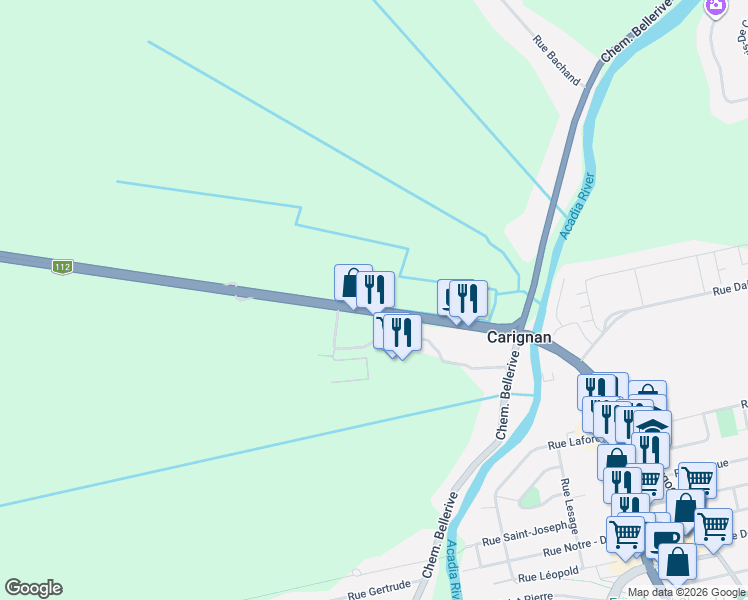 map of restaurants, bars, coffee shops, grocery stores, and more near Chemin de Chambly in Carignan