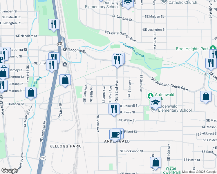 map of restaurants, bars, coffee shops, grocery stores, and more near 8605 Southeast 31st Avenue in Milwaukie