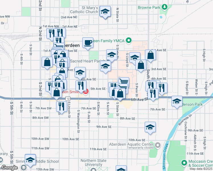 map of restaurants, bars, coffee shops, grocery stores, and more near 418 South Arch Street in Aberdeen