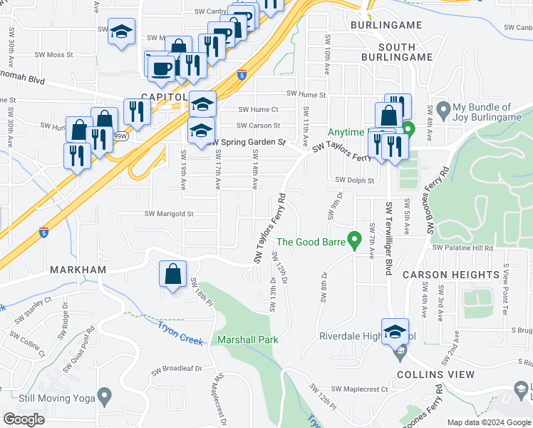 map of restaurants, bars, coffee shops, grocery stores, and more near 8941 Southwest 13th Avenue in Portland