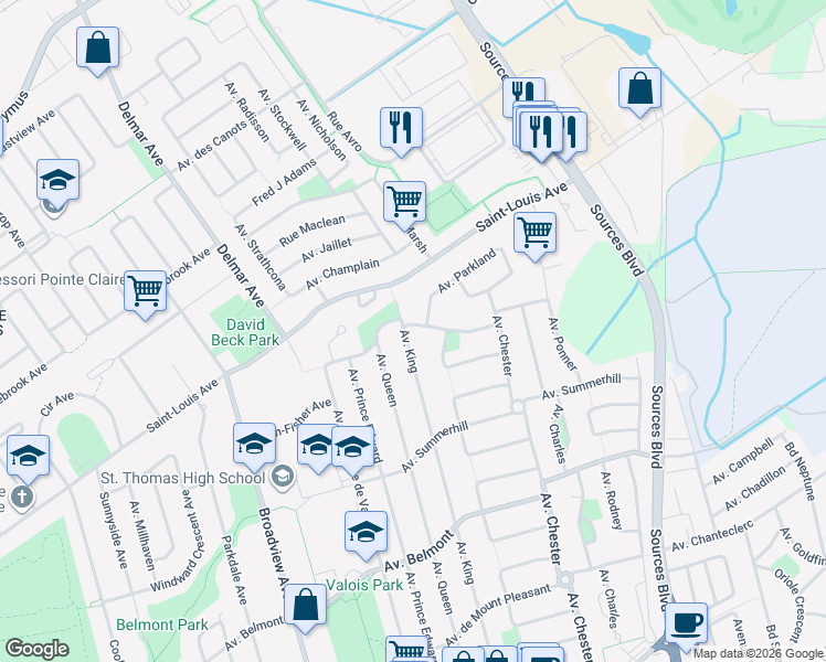 map of restaurants, bars, coffee shops, grocery stores, and more near 74 Avenue de Little Rock in Pointe-Claire