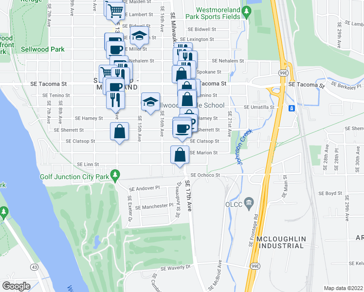 map of restaurants, bars, coffee shops, grocery stores, and more near 8615 Southeast 17th Avenue in Portland