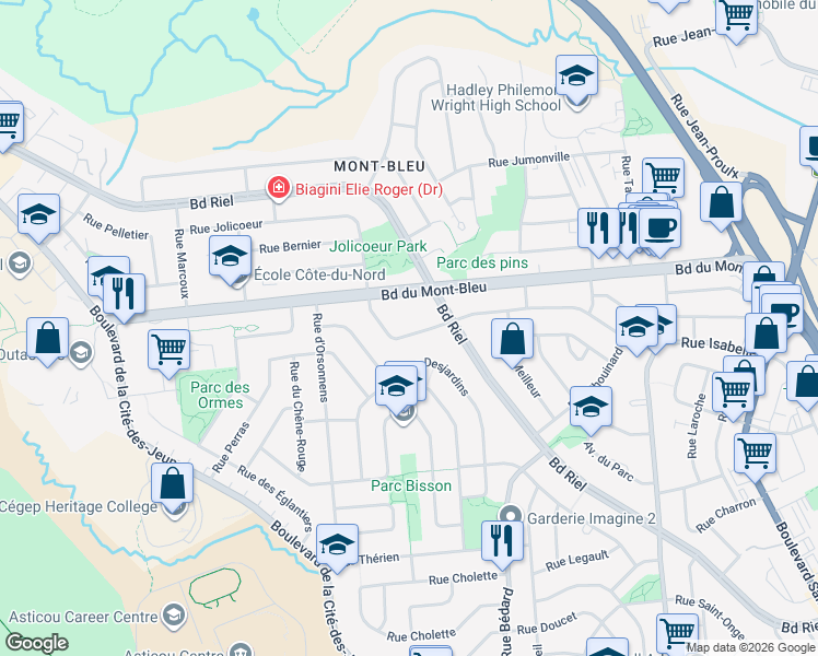 map of restaurants, bars, coffee shops, grocery stores, and more near 76 Rue Jolicoeur in Gatineau