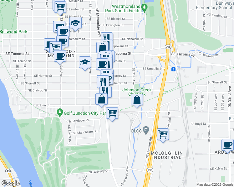 map of restaurants, bars, coffee shops, grocery stores, and more near 1742 Southeast Clatsop Street in Portland