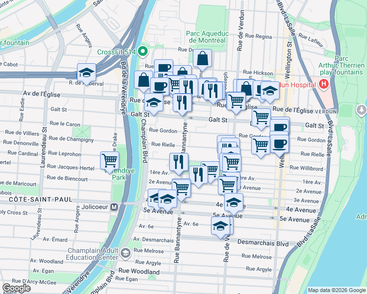 map of restaurants, bars, coffee shops, grocery stores, and more near 4475 Avenue Bannantyne in Verdun