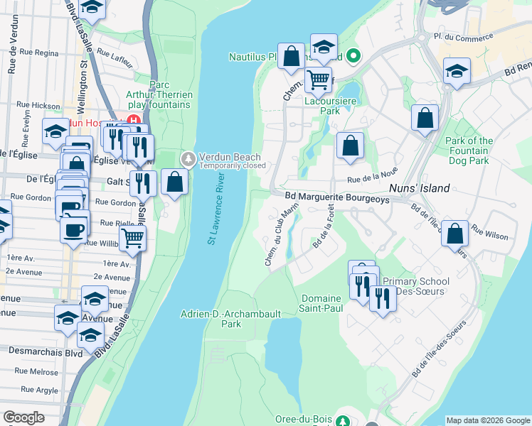map of restaurants, bars, coffee shops, grocery stores, and more near 201 Chemin du Club Marin in Montréal