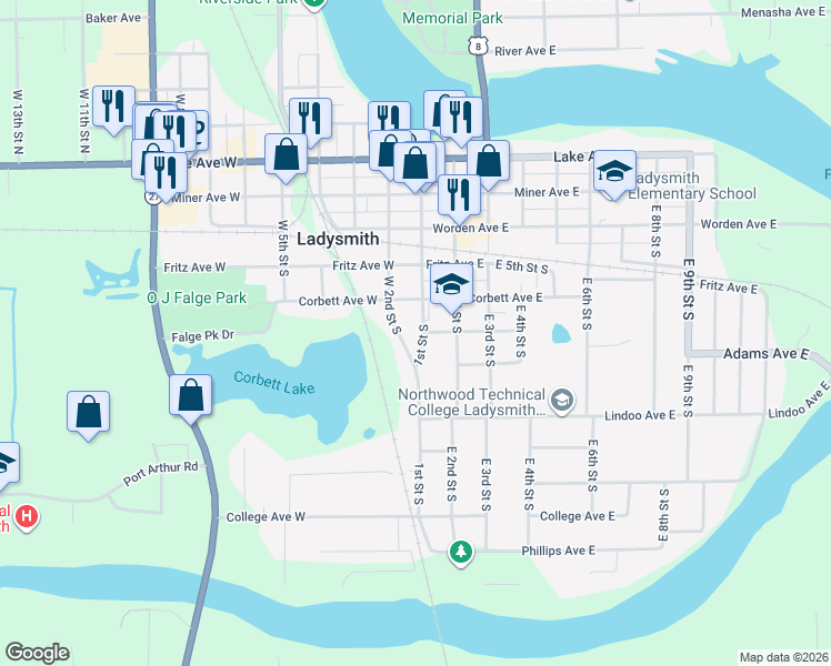 map of restaurants, bars, coffee shops, grocery stores, and more near 420 1st Street South in Ladysmith