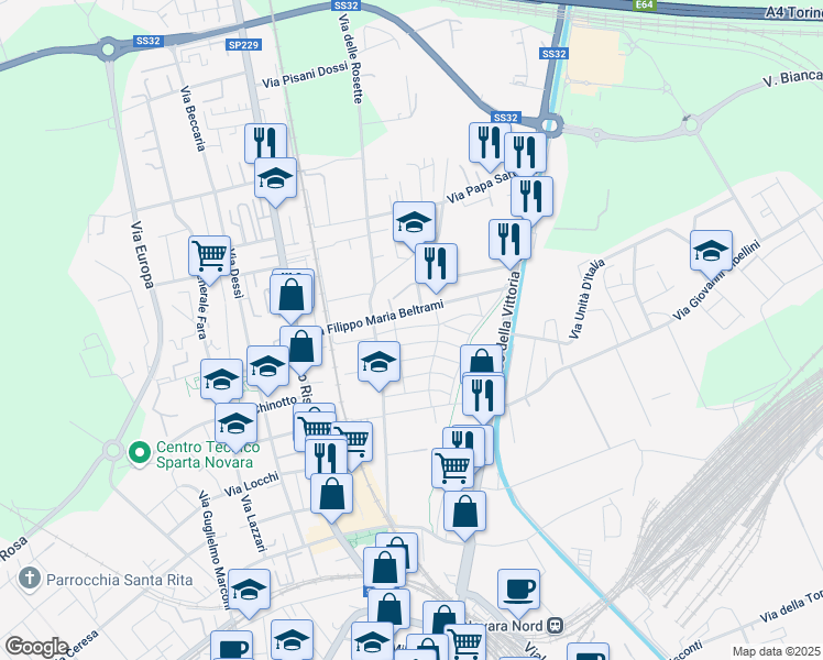 map of restaurants, bars, coffee shops, grocery stores, and more near 2 Via Giuseppe Serazzi in Novara
