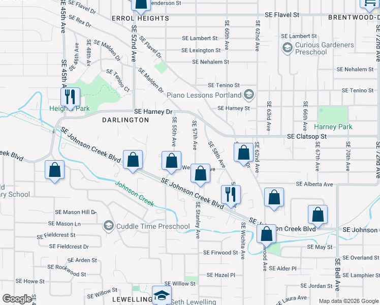 map of restaurants, bars, coffee shops, grocery stores, and more near 8583 Southeast 57th Avenue in Portland
