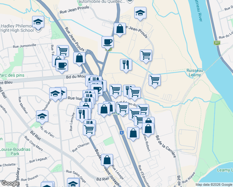 map of restaurants, bars, coffee shops, grocery stores, and more near 150 Rue Adrien-Robert in Gatineau