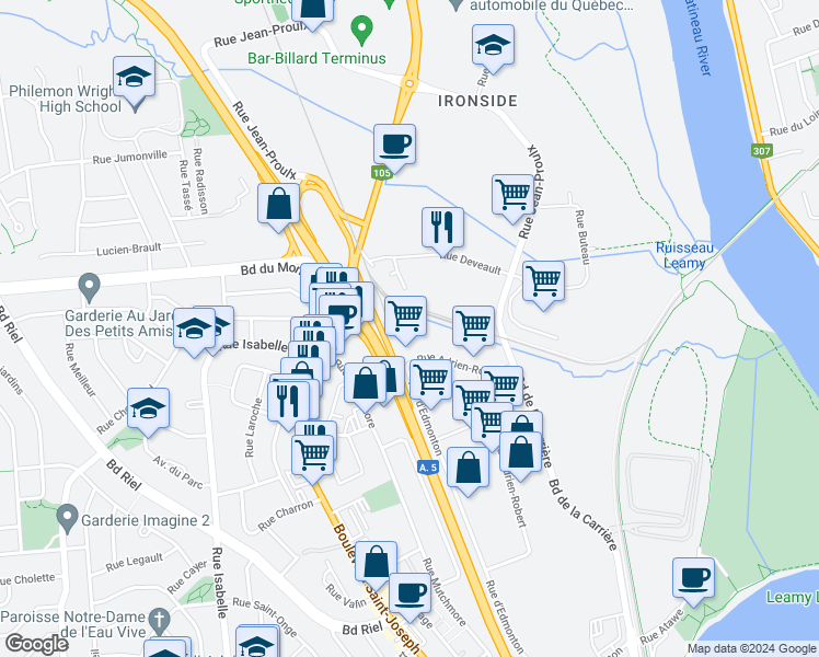 map of restaurants, bars, coffee shops, grocery stores, and more near 150 Rue Adrien-Robert in Gatineau