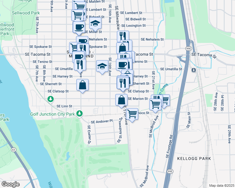 map of restaurants, bars, coffee shops, grocery stores, and more near 1666 Southeast Clatsop Street in Portland
