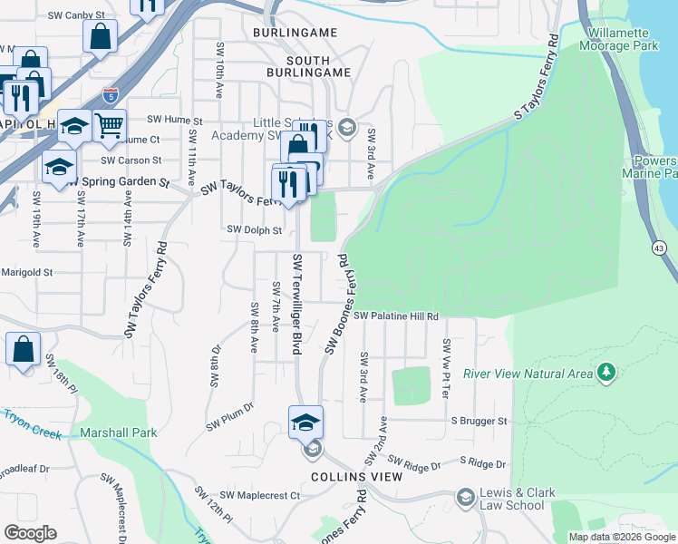 map of restaurants, bars, coffee shops, grocery stores, and more near 8930 Southwest 5th Avenue in Portland