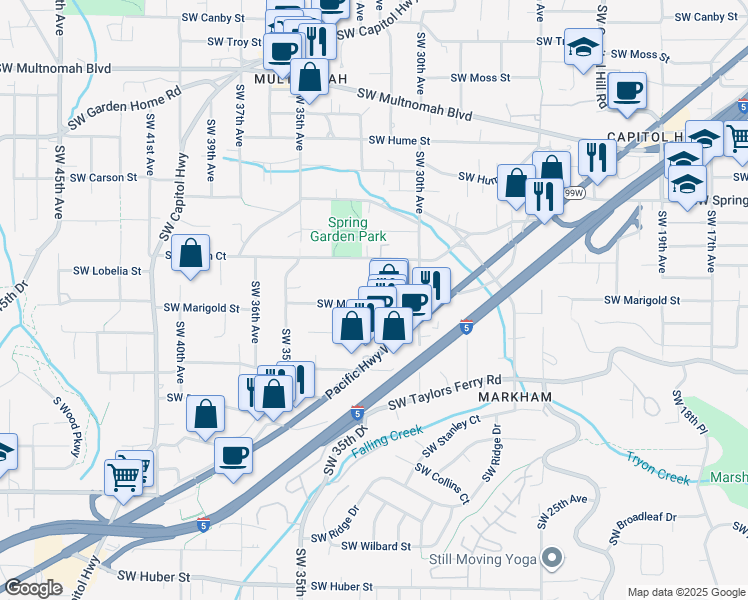 map of restaurants, bars, coffee shops, grocery stores, and more near 9045 Southwest Barbur Boulevard in Portland