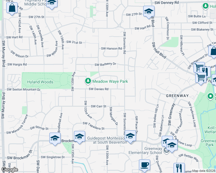 map of restaurants, bars, coffee shops, grocery stores, and more near 13025 Southwest Davies Road in Beaverton