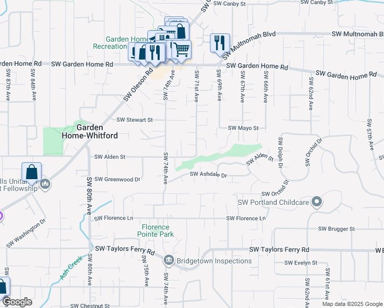 map of restaurants, bars, coffee shops, grocery stores, and more near 7195 Southwest Alden Street in Portland