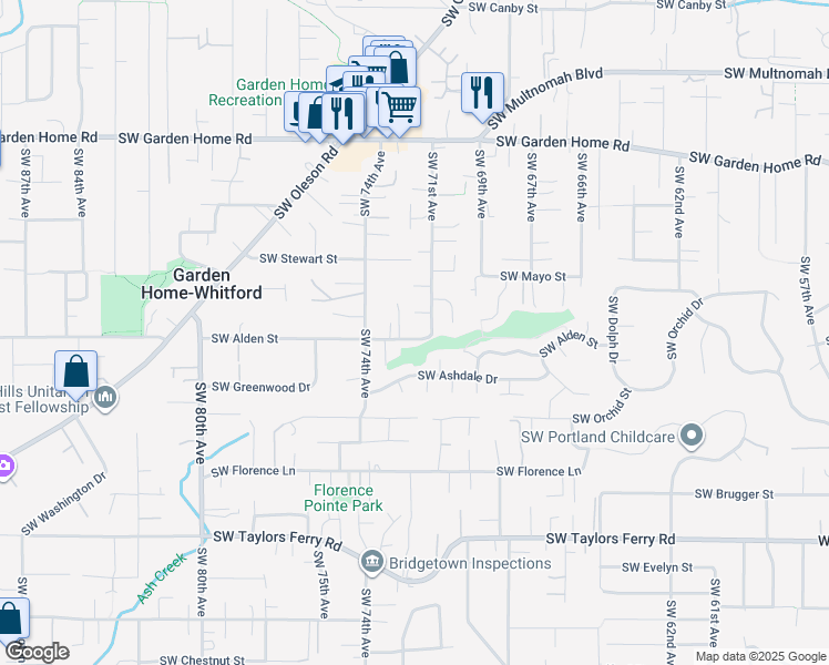 map of restaurants, bars, coffee shops, grocery stores, and more near 7195 Southwest Alden Street in Portland