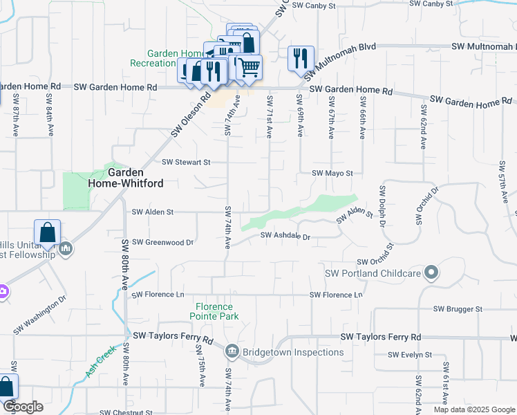 map of restaurants, bars, coffee shops, grocery stores, and more near 7195 Southwest Alden Street in Portland