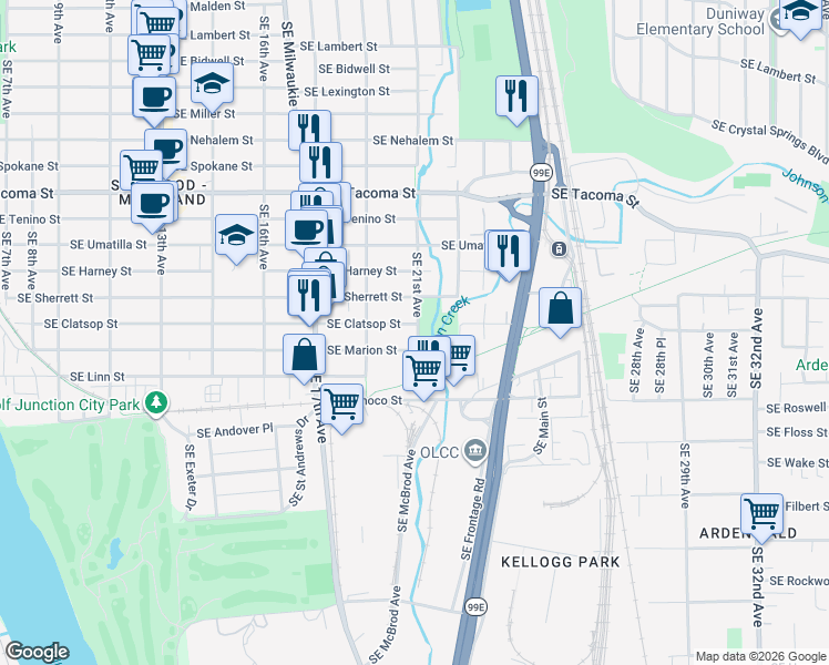 map of restaurants, bars, coffee shops, grocery stores, and more near 8632 Southwest 21st Avenue in Portland