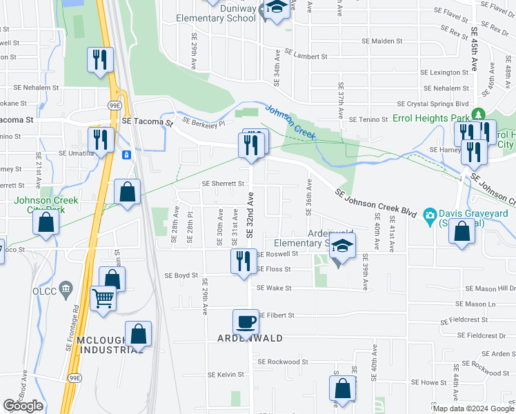 map of restaurants, bars, coffee shops, grocery stores, and more near 8600 Southeast 32nd Avenue in Milwaukie