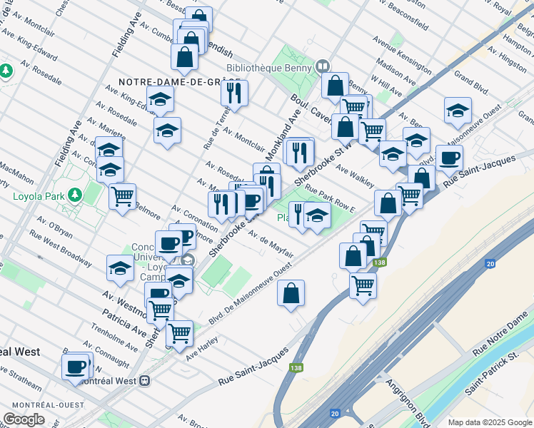 map of restaurants, bars, coffee shops, grocery stores, and more near 6876 Rue Sherbrooke Ouest in Montréal