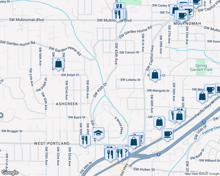 map of restaurants, bars, coffee shops, grocery stores, and more near 4537 Southwest Marigold Street in Portland