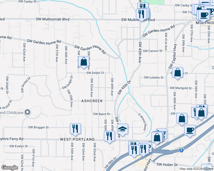 map of restaurants, bars, coffee shops, grocery stores, and more near 4935 Southwest Marigold Street in Portland