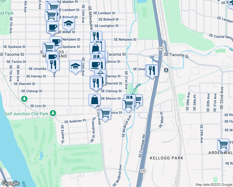 map of restaurants, bars, coffee shops, grocery stores, and more near 1920 Southeast Clatsop Street in Portland