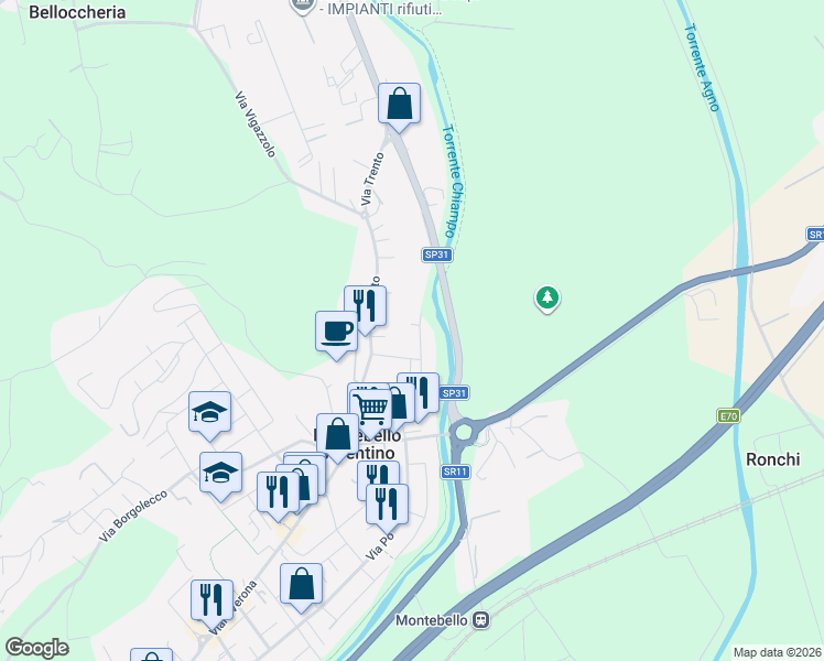 map of restaurants, bars, coffee shops, grocery stores, and more near 21 Via Venezia in Montebello Vicentino