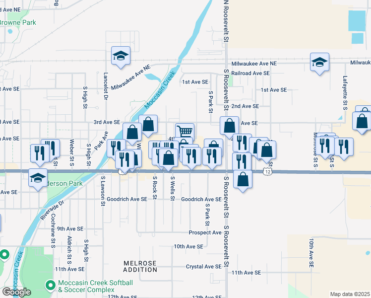 map of restaurants, bars, coffee shops, grocery stores, and more near 2201 6th Avenue Southeast in Aberdeen